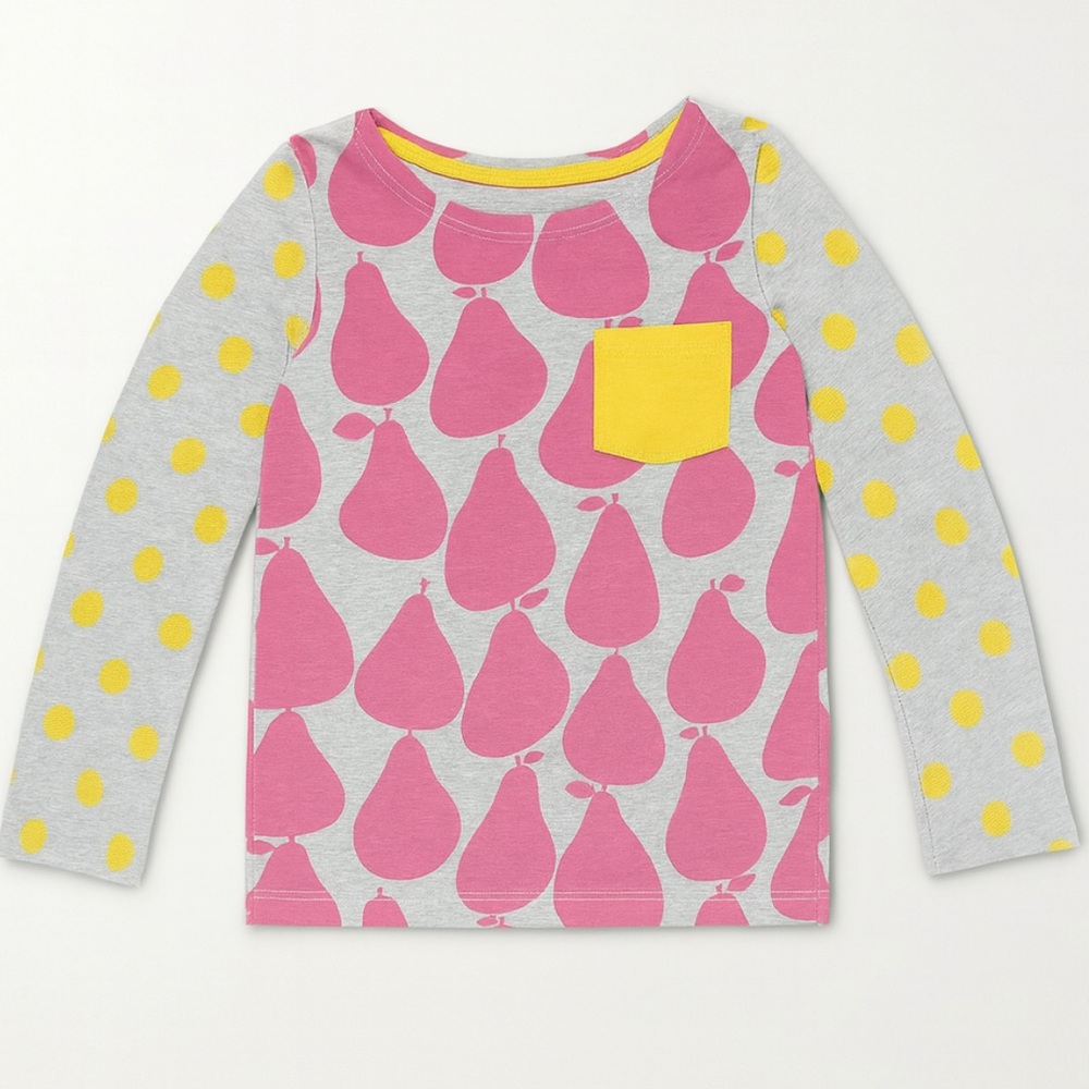 Mini Boden pear and polka dot  Long Sleeve Tee with Yellow Pocket